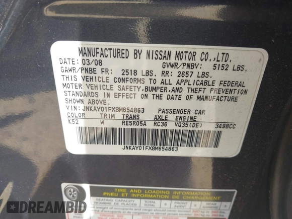 2008 Infiniti M with VIN JNKAY01FX8M654863, listed as a IAAI auction lot 42589661 with 153,866 mi miles and . Bid and sale history available at DreamBid. Image 9.