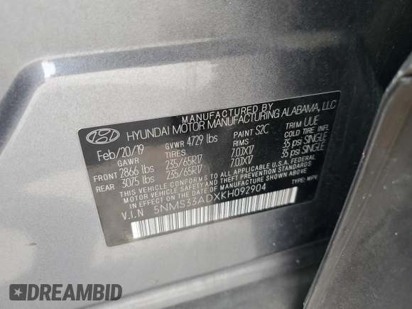 2019 Hyundai Santa Fe SEL z VIN 5NMS33ADXKH092904, wystawiony jako Copart lot #55570725 z przebiegiem 110 351 mil mil oraz Szkoda całkowita • Salvage title. Historia ofert i sprzedaży dostępna na DreamBid. Obrazek 13.