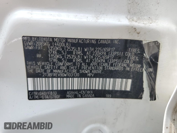 2013 Toyota RAV4 LE z VIN 2T3BFREV9DW103130, wystawiony jako Copart lot #61217555 z przebiegiem 83 397 mil mil oraz Szkoda całkowita • Salvage title. Historia ofert i sprzedaży dostępna na DreamBid. Obrazek 14.