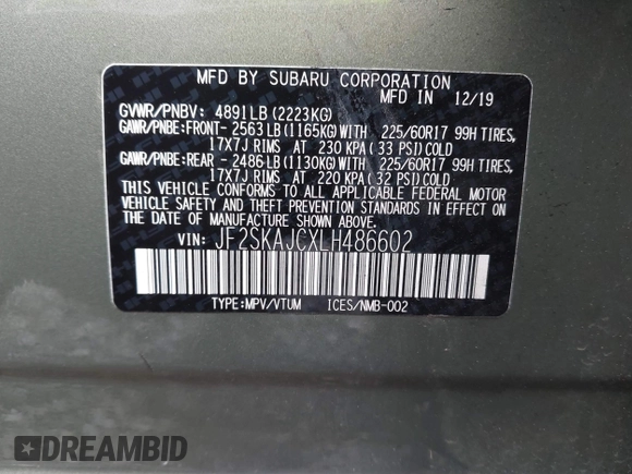 2020 Subaru Forester Premium with VIN JF2SKAJCXLH486602, listed as a IAAI auction lot 42291584 with 25,883 mi miles and . Bid and sale history available at DreamBid. Image 9.