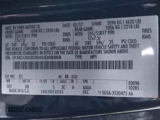 2017 Ford Escape SE with VIN 1FMCU0GD5HUD08968, listed as a IAAI auction lot 42008576 with 95,363 mi miles and . Bid and sale history available at DreamBid. Image 9.