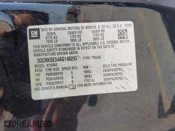 2010 Chevrolet Silverado 1500 LT with VIN 3GCRKSE34AG148293, listed as a IAAI auction lot 42127754 with 140,174 mi miles and . Bid and sale history available at DreamBid. Image 9.
