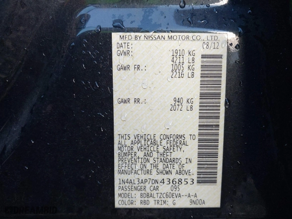 2013 Nissan Altima 2.5 S with VIN 1N4AL3AP7DN436853, listed as a IAAI auction lot 41290935 with 120,243 mi miles. Bid and sale history available at carsss.com. Image 9.