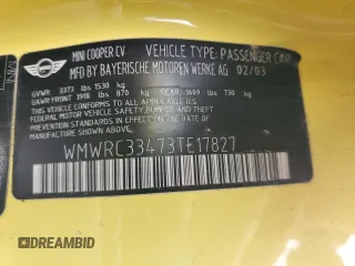 2003 MINI Hardtop z VIN WMWRC33473TE17827, wystawiony jako Copart lot #44011515 z przebiegiem 119 042 mil mil oraz Szkoda całkowita • Salvage title. Historia ofert i sprzedaży dostępna na DreamBid. Obrazek 12.