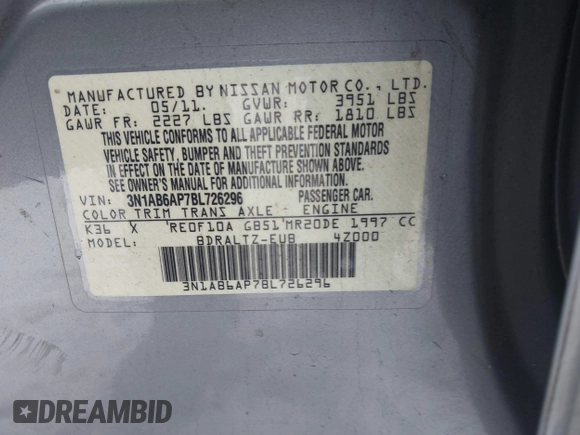 2011 Nissan Sentra 2.0 with VIN 3N1AB6AP7BL726296, listed as a IAAI auction lot 41245666 with 117,826 mi miles and . Bid and sale history available at DreamBid. Image 9.