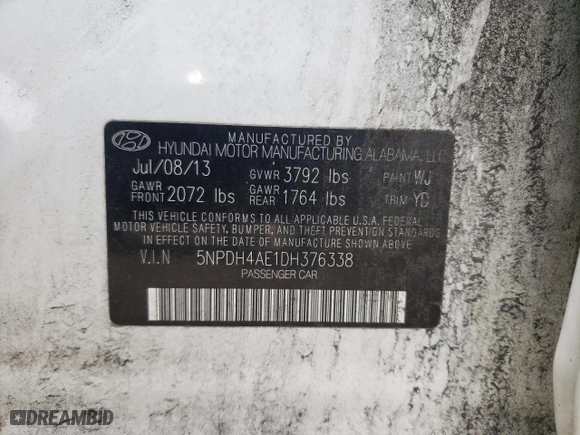 2013 Hyundai Elantra Limited with VIN 5NPDH4AE1DH376338, listed as a Copart auction lot 54831875 with 174,676 mi miles and Clean Title. Bid and sale history available at carsss.com. Image 12.