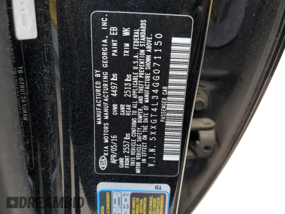 2016 Kia Optima LX с VIN 5XXGT4L34GG071150, выставлен на аукционе Copart как лот 57105985 с пробегом 111 849 миль миль и На запчасти • Non repairable. История ставок и продаж доступна на DreamBid. Изображение 12.