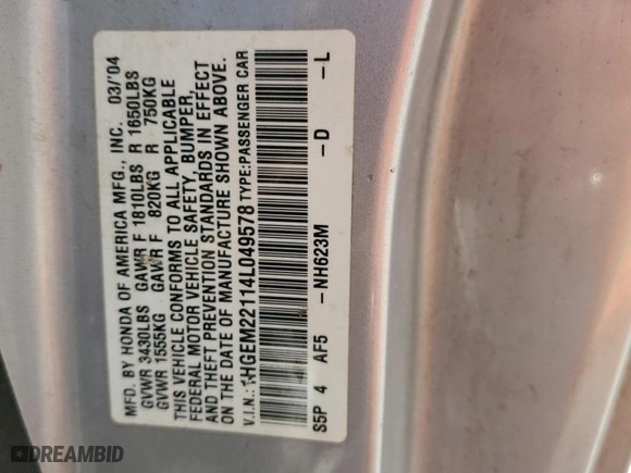 2004 Honda Civic VP with VIN 1HGEM22114L049578, listed as a Copart auction lot 69796804 with 200,497 mi miles and Salvage Title. Bid and sale history available at carsss.com. Image 12.