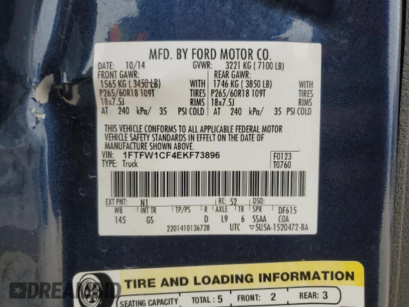 2014 Ford F-150 XL with VIN 1FTFW1CF4EKF73896, listed as a Copart auction lot 46234315 with 225,496 mi miles and Salvage Title. Bid and sale history available at carsss.com. Image 12.