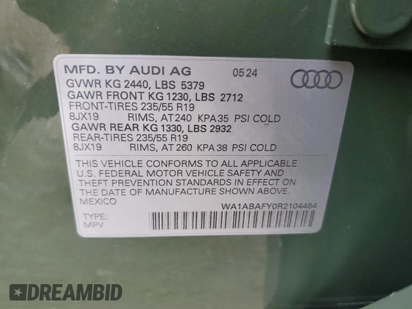 2024 Audi Q5 Premium with VIN WA1ABAFY0R2104484, listed as a Copart auction lot 78314924 with 3,146 mi miles and Non repairable. Bid and sale history available at DreamBid. Image 13.