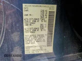 2013 Nissan Titan Pro-4X with VIN 1N6BA0EC3DN310741, listed as a Copart auction lot 57171975 with 146,524 mi miles and Salvage title. Bid and sale history available at DreamBid. Image 12.