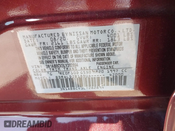 2020 Nissan Sentra SV z VIN 3N1AB8CV3LY282894, wystawiony jako IAAI lot #42125194 z przebiegiem 51 165 mil mil oraz . Historia ofert i sprzedaży dostępna na DreamBid. Obrazek 9.