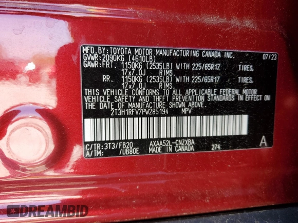 2023 Toyota RAV4 LE z VIN 2T3H1RFV7PW285194, wystawiony jako Copart lot #52609445 z przebiegiem 28 474 mil mil oraz Szkoda całkowita • Salvage title. Historia ofert i sprzedaży dostępna na DreamBid. Obrazek 16.