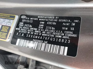 2015 Kia Optima LX z VIN 5XXGM4A76FG518823, wystawiony jako IAAI lot #42294278 z przebiegiem 58 551 mil mil oraz . Historia ofert i sprzedaży dostępna na DreamBid. Obrazek 9.