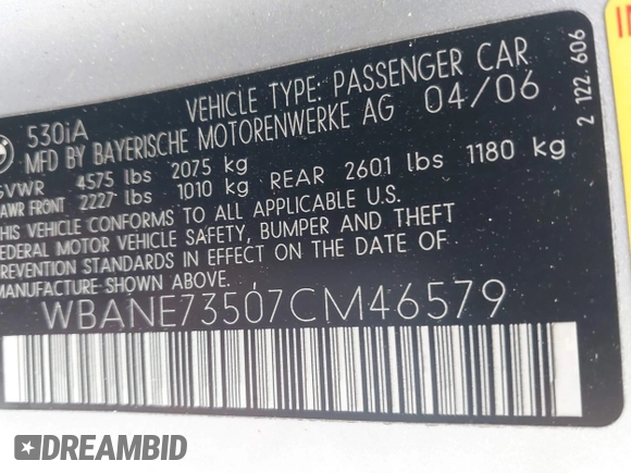 2007 BMW 5 Series 530i with VIN WBANE73507CM46579, listed as a IAAI auction lot 41511577 with 168,904 mi miles. Bid and sale history available at carsss.com. Image 9.