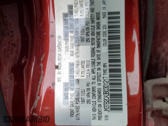 2011 Mazda CX-9 Touring with VIN JM3TB2CA3B0301217, listed as a Copart auction lot 49235675 with 191,441 mi miles and Salvage Title. Bid and sale history available at DreamBid. Image 13.