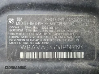 2008 BMW 3 Series 328i with VIN WBAVA33508P142196, listed as a Copart auction lot 57617965 with 129,798 mi miles and Salvage title. Bid and sale history available at DreamBid. Image 12.