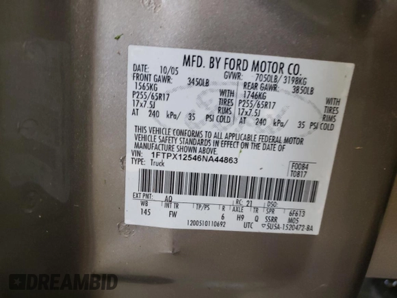2006 Ford F-150 XLT z VIN 1FTPX12546NA44863, wystawiony jako Copart lot #58387305 z przebiegiem Nie podano mil oraz Szkoda całkowita • Salvage title. Historia ofert i sprzedaży dostępna na DreamBid. Obrazek 12.