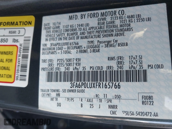 2015 Ford Fusion SE Hybrid with VIN 3FA6P0LUXFR165766, listed as a IAAI auction lot 41409353 with 32,388 mi miles. Bid and sale history available at carsss.com. Image 9.