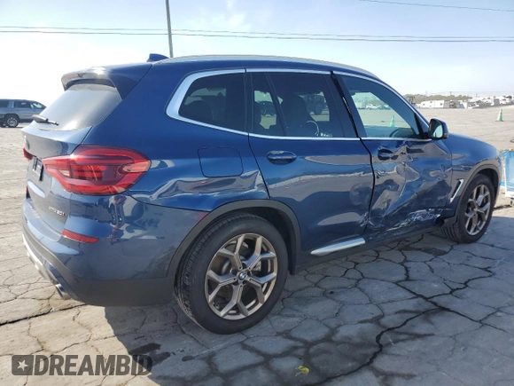 2021 BMW X3 xDrive30i with VIN 5UXTY5C09M9H50725, listed as a Copart auction lot 52645365 with 27,652 mi miles and Salvage Title. Bid and sale history available at DreamBid. Image 3.