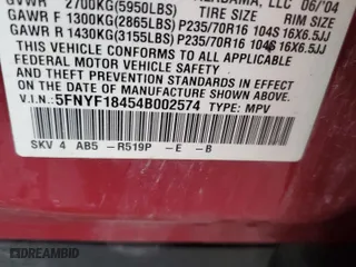 2004 Honda Pilot EX with VIN 5FNYF18454B002574, listed as a Copart auction lot 47296815 with 209,073 mi miles and Salvage Title. Bid and sale history available at carsss.com. Image 14.