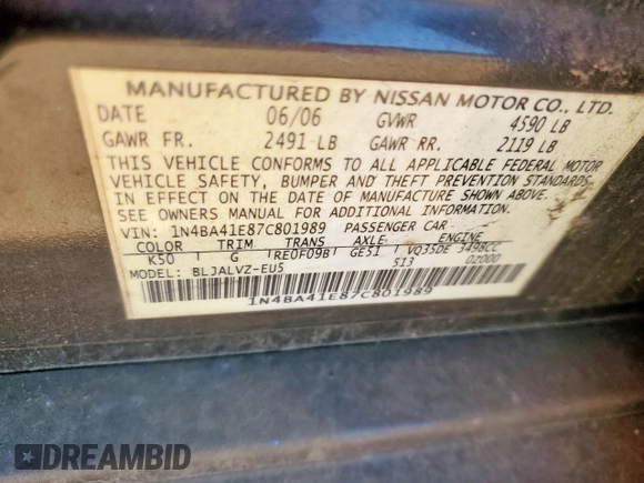 2007 Nissan Maxima SE with VIN 1N4BA41E87C801989, listed as a Copart auction lot 56366975 with Not provided miles and Salvage title. Bid and sale history available at DreamBid. Image 12.