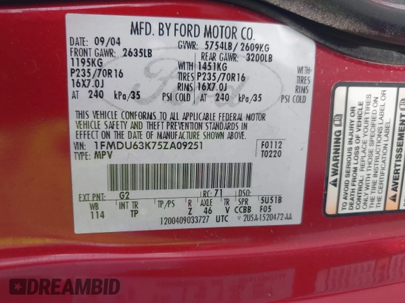 2005 Ford Explorer z VIN 1FMDU63K75ZA09251, wystawiony jako IAAI lot #42353306 z przebiegiem 178 694 mil mil oraz . Historia ofert i sprzedaży dostępna na DreamBid. Obrazek 9.