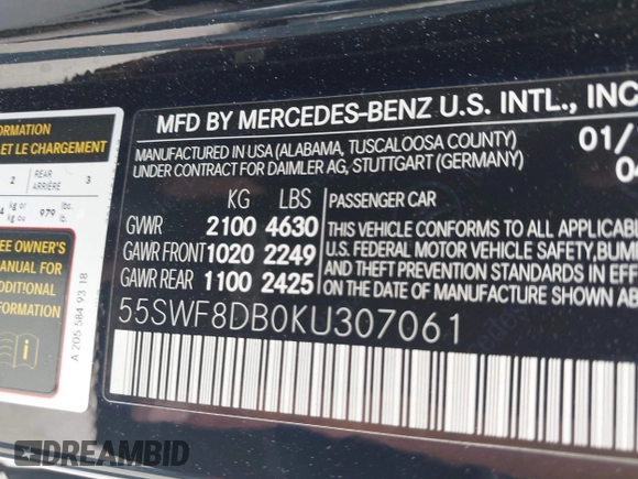 2019 Mercedes-Benz C 300 z VIN 55SWF8DB0KU307061, wystawiony jako IAAI lot #42143403 z przebiegiem Nie podano mil oraz . Historia ofert i sprzedaży dostępna na DreamBid. Obrazek 9.