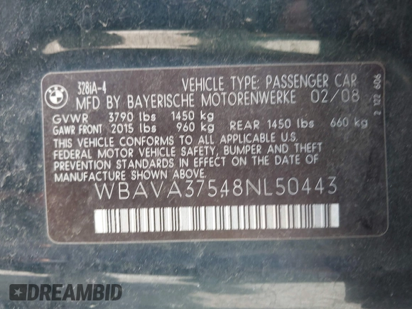 2008 BMW 3 Series 328i with VIN WBAVA37548NL50443, listed as a IAAI auction lot 42139674 with 129,105 mi miles and . Bid and sale history available at DreamBid. Image 9.