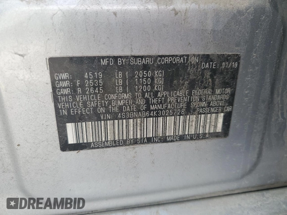 2019 Subaru Legacy with VIN 4S3BNAB64K3025728, listed as a Copart auction lot 50501685 with 128,664 mi miles and Salvage Title. Bid and sale history available at carsss.com. Image 13.
