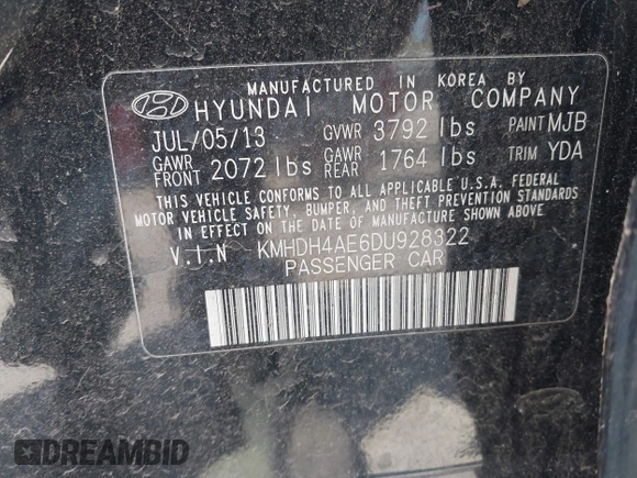 2013 Hyundai Elantra GLS z VIN KMHDH4AE6DU928322, wystawiony jako IAAI lot #42054141 z przebiegiem 147 986 mil mil oraz . Historia ofert i sprzedaży dostępna na DreamBid. Obrazek 9.