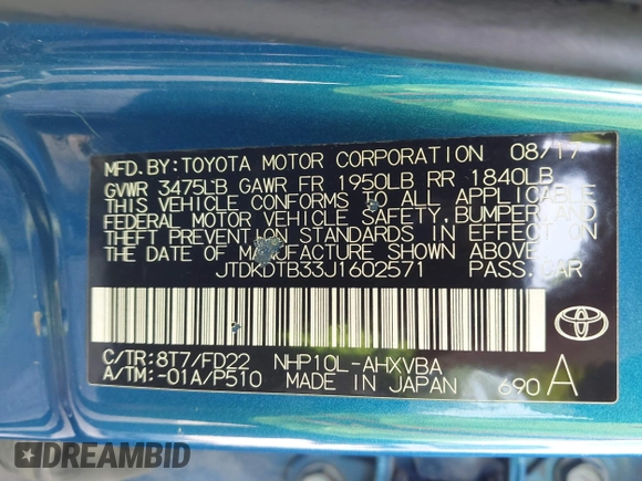 2018 Toyota Prius One with VIN JTDKDTB33J1602571, listed as a IAAI auction lot 42710336 with 166,439 mi miles and . Bid and sale history available at DreamBid. Image 9.