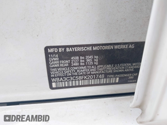 2015 BMW 3 Series 320i xDrive with VIN WBA3C3C58FK201748, listed as a IAAI auction lot 42678404 with 115,043 mi miles and . Bid and sale history available at DreamBid. Image 9.