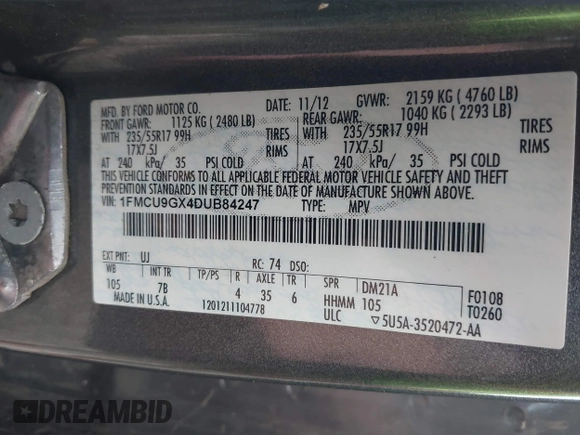 2013 Ford Escape SE with VIN 1FMCU9GX4DUB84247, listed as a IAAI auction lot 40427032 with 201,151 mi miles. Bid and sale history available at carsss.com. Image 9.