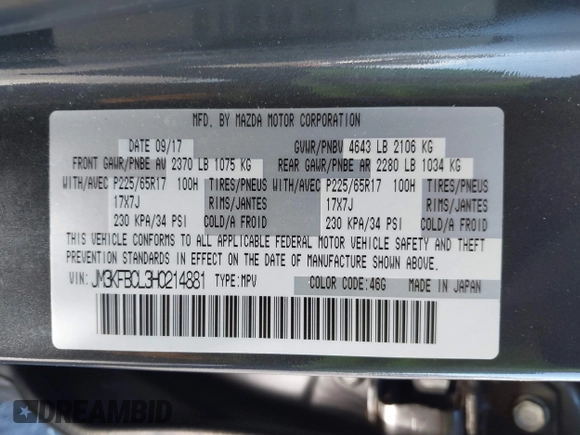 2017 Mazda CX-5 Touring with VIN JM3KFBCL3H0214881, listed as a IAAI auction lot 41694560 with 64,609 mi miles. Bid and sale history available at carsss.com. Image 9.