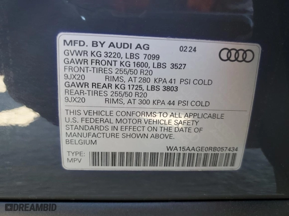 2024 Audi Q8 e-tron Premium Plus with VIN WA15AAGE0RB057434, listed as a Copart auction lot 68937884 with NaN miles and Salvage Title. Bid and sale history available at carsss.com. Image 13.