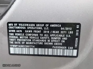 2012 Volkswagen Passat SE w/Sunroof with VIN 1VWBP7A35CC081714, listed as a IAAI auction lot 41864409 with 152,603 mi miles. Bid and sale history available at carsss.com. Image 9.