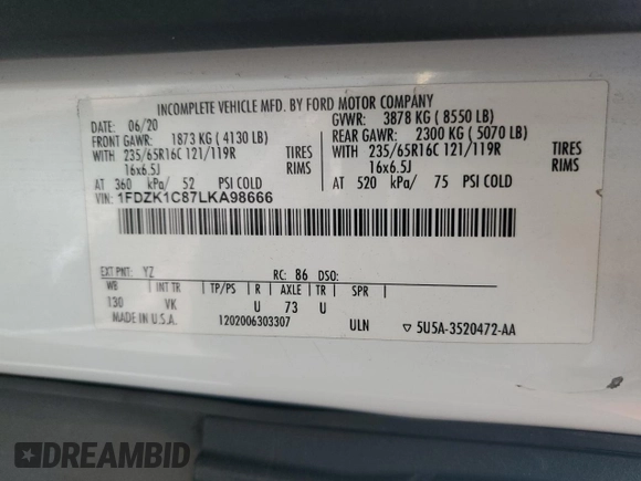 2020 Ford Transit Passenger XL with VIN 1FDZK1C87LKA98666, listed as a Copart auction lot 81517254 with 97,659 mi miles and Clean Title. Bid and sale history available at DreamBid. Image 12.