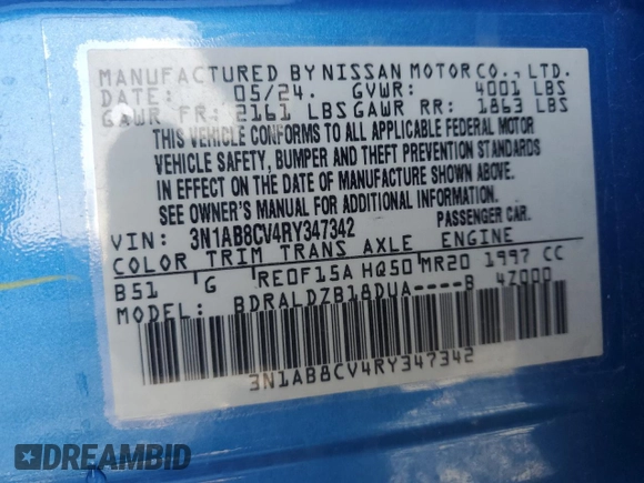 2024 Nissan Sentra SV z VIN 3N1AB8CV4RY347342, wystawiony jako Copart lot #51570495 z przebiegiem 38 423 mil mil oraz Czysty tytuł • Clean title. Historia ofert i sprzedaży dostępna na DreamBid. Obrazek 13.