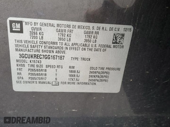 2016 Chevrolet Silverado 1500 LT with VIN 3GCUKREC7GG167187, listed as a Copart auction lot 80435774 with 135,247 mi miles and Clean Title. Bid and sale history available at DreamBid. Image 14.