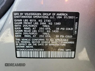 2021 Volkswagen Atlas 3.6L V6 SE w/Technology with VIN 1V2KR2CA4MC562064, listed as a Copart auction lot 50598235 with 67,193 mi miles and Salvage Title. Bid and sale history available at carsss.com. Image 13.