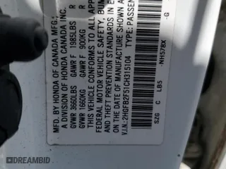 2012 Honda Civic Sdn LX with VIN 2HGFB2F51CH315104, listed as a Copart auction lot 53058015 with 157,617 mi miles and Salvage Title. Bid and sale history available at carsss.com. Image 14.