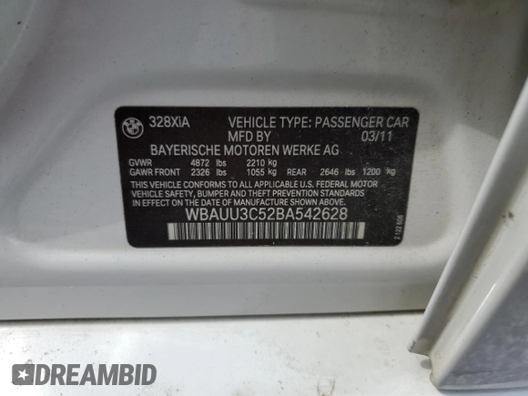 2011 BMW 3 Series 328i xDrive with VIN WBAUU3C52BA542628, listed as a Copart auction lot 50524175 with 151,204 mi miles and Salvage Title. Bid and sale history available at DreamBid. Image 12.