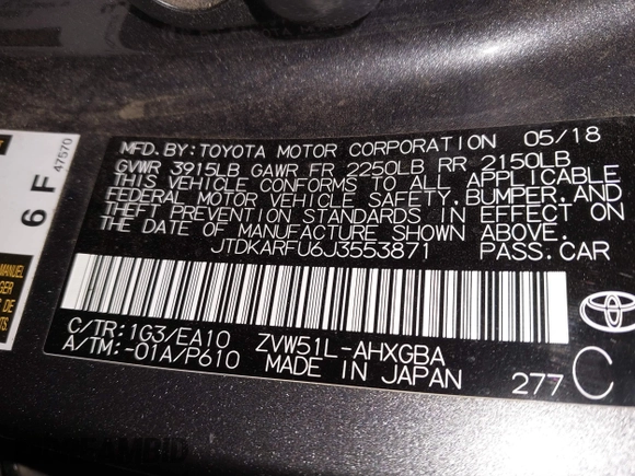 2018 Toyota Prius Two with VIN JTDKARFU6J3553871, listed as a IAAI auction lot 41577636 with 118,715 mi miles. Bid and sale history available at carsss.com. Image 9.