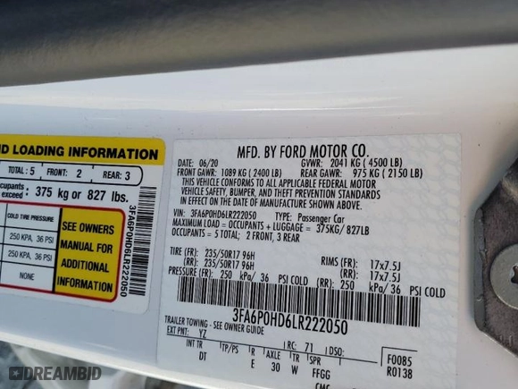 2020 Ford Fusion SE with VIN 3FA6P0HD6LR222050, listed as a Copart auction lot 49503375 with 37,040 mi miles and Salvage Title. Bid and sale history available at carsss.com. Image 13.