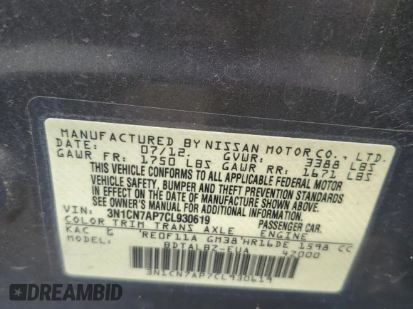 2012 Nissan Versa SV with VIN 3N1CN7AP7CL930619, listed as a Copart auction lot 63657855 with 106,911 mi miles and Salvage title. Bid and sale history available at DreamBid. Image 12.