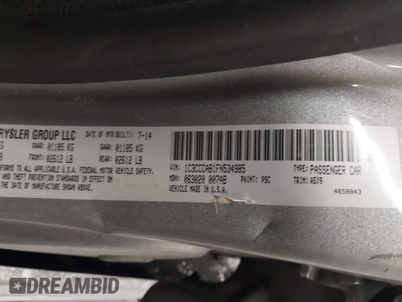 2015 Chrysler 200 Limited with VIN 1C3CCCAB1FN534985, listed as a IAAI auction lot 41914112 with 168,252 mi miles. Bid and sale history available at carsss.com. Image 9.