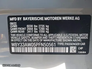 2023 BMW i4 M50 with VIN WBY33AW05PFN50561, listed as a IAAI auction lot 41248362 with 20,546 mi miles. Bid and sale history available at carsss.com. Image 9.