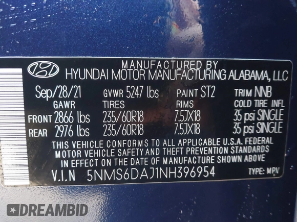 2022 Hyundai Santa Fe XRT with VIN 5NMS6DAJ1NH396954, listed as a IAAI auction lot 41437662 with 35,595 mi miles. Bid and sale history available at carsss.com. Image 9.