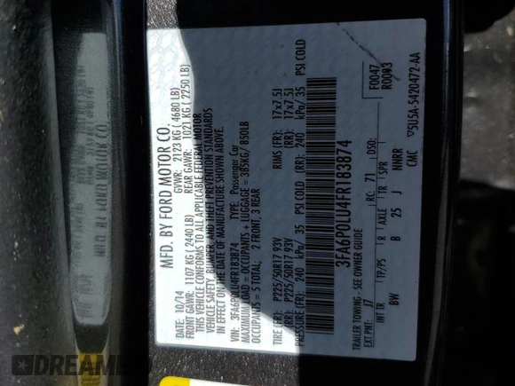 2015 Ford Fusion SE Hybrid with VIN 3FA6P0LU4FR183874, listed as a Copart auction lot 47628695 with Not Provided miles and Salvage Title. Bid and sale history available at carsss.com. Image 12.